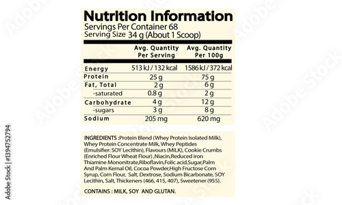 Australian Nutrition information label ,FSANZ approved,standard,nutrition facts,au,editable,resizable label format for whey protein powder drink.