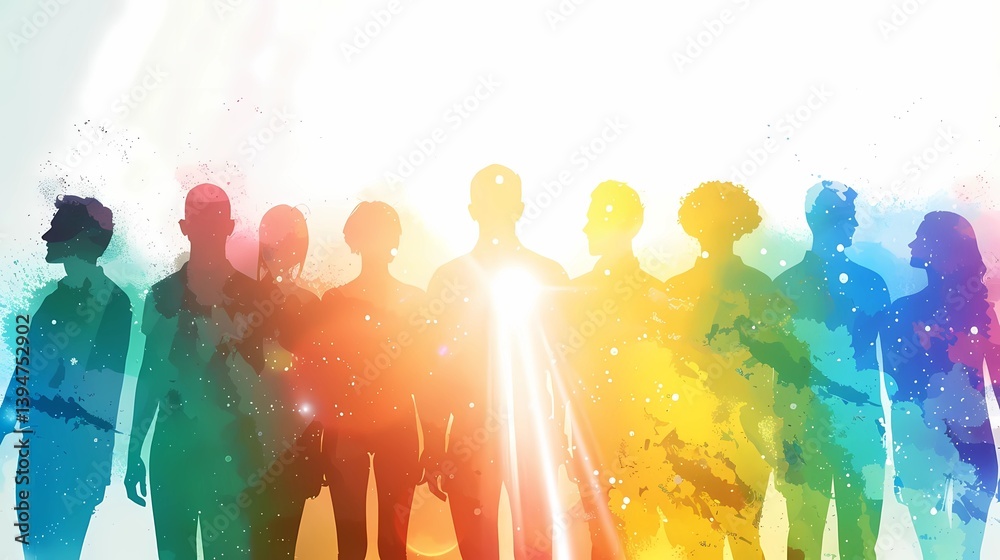People standing literally shoulder to shoulder, and collectively sending a bright beam of light upwards, bright and happy colours, white background, Generative AI illustrations.
