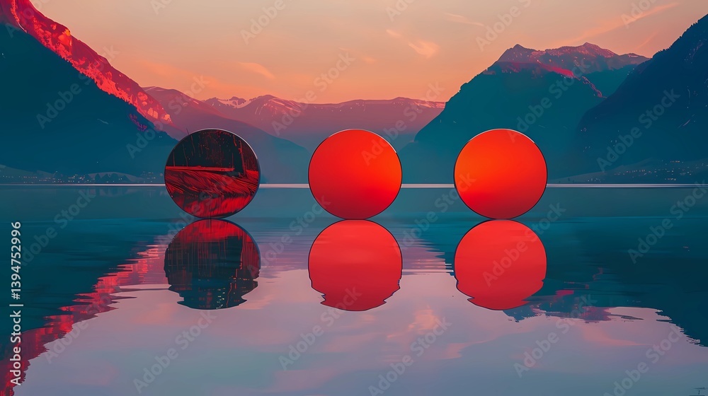 A realistic photo of three circular red mirrors placed on a lake, lined up and seen from the front, minimalist landscape, just water and mountains on the horizon, Generative AI illustrations.