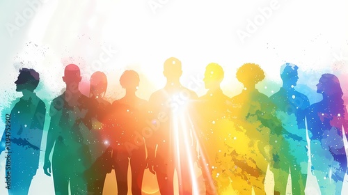 People standing literally shoulder to shoulder, and collectively sending a bright beam of light upwards, bright and happy colours,  white background, Generative AI illustrations.