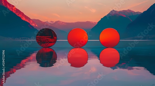 A realistic photo of three circular red mirrors placed on a lake, lined up and seen from the front, minimalist landscape, just water and mountains on the horizon, Generative AI illustrations.
