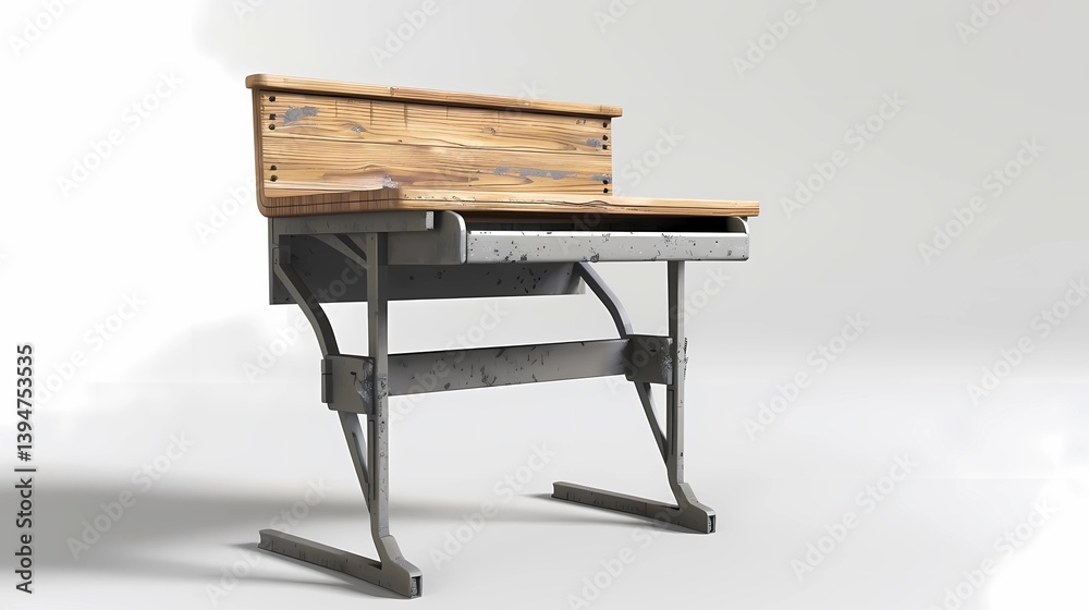 A wood and metal school desk, clean wood, white background, Generative AI illustrations.