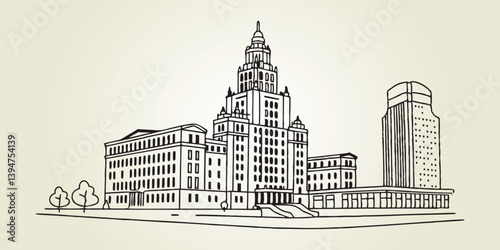 Bild auf Leinwand A minimalist one-line drawing of the Buffalo skyline, showcasing City Hall and Canalside in a sleek, continuous-line style