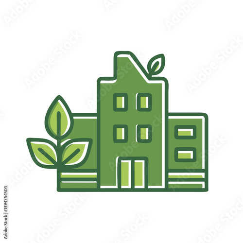 Sustainable building with leaves and greenery on a white background  