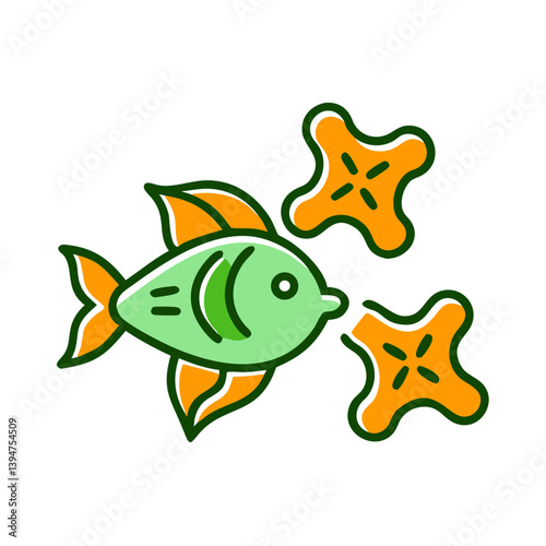 Marine Life Icon - Colorful Fish and Sea Stars on Transparent Background  
