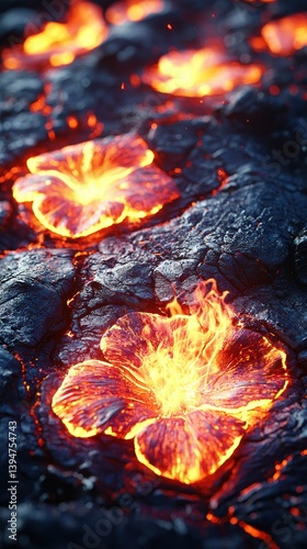 Glowing flowers in fiery lava flow. Dramatic & intense colors. Close-up