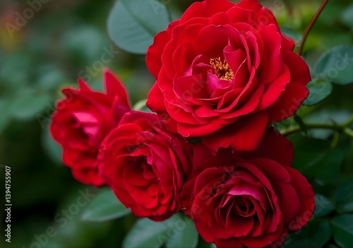 A Stunning Close-Up of Vibrant Red Roses Against Lush Green Leaves