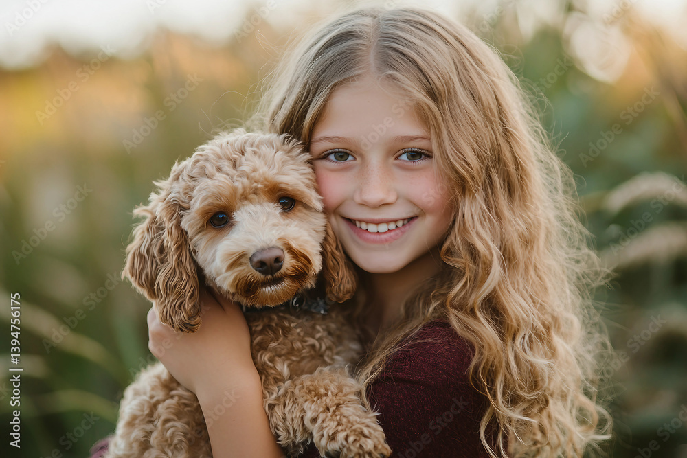 Generative AI image of a joyful child sharing a tender moment with a friendly dog outdoors Generative AI image of a joyful child sharing a tender moment with a friendly dog outdoors