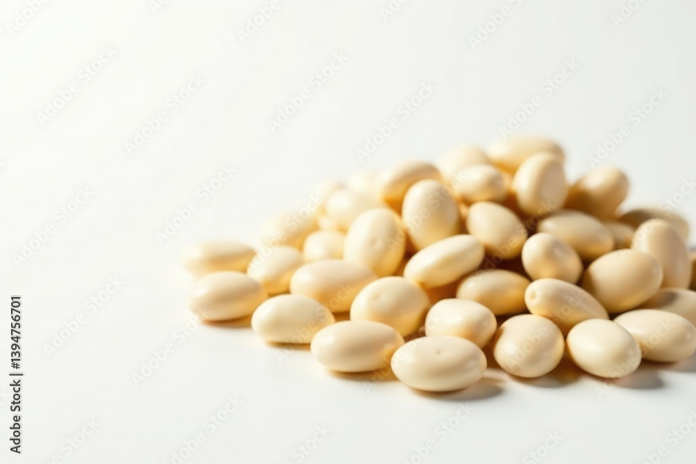 Close-up of a pile of white beans against a stark white backdrop, detail, background Close-up of a pile of white beans against a stark white backdrop, detail, background