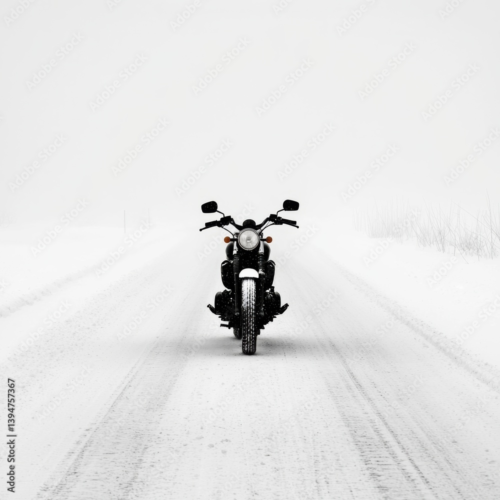 Naklejka premium Lone motorcyclist navigating a snowy road during a storm