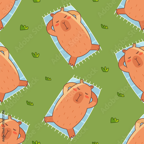 Capybara is resting seamless pattern
