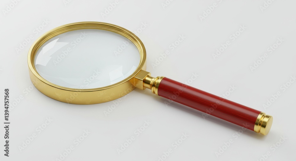 A close up shot of a magnifying glass with a gold rim and red handle on a white background surface isolated on white background A close up shot of a magnifying glass with a gold rim and red handle on a white background surface isolated on white background