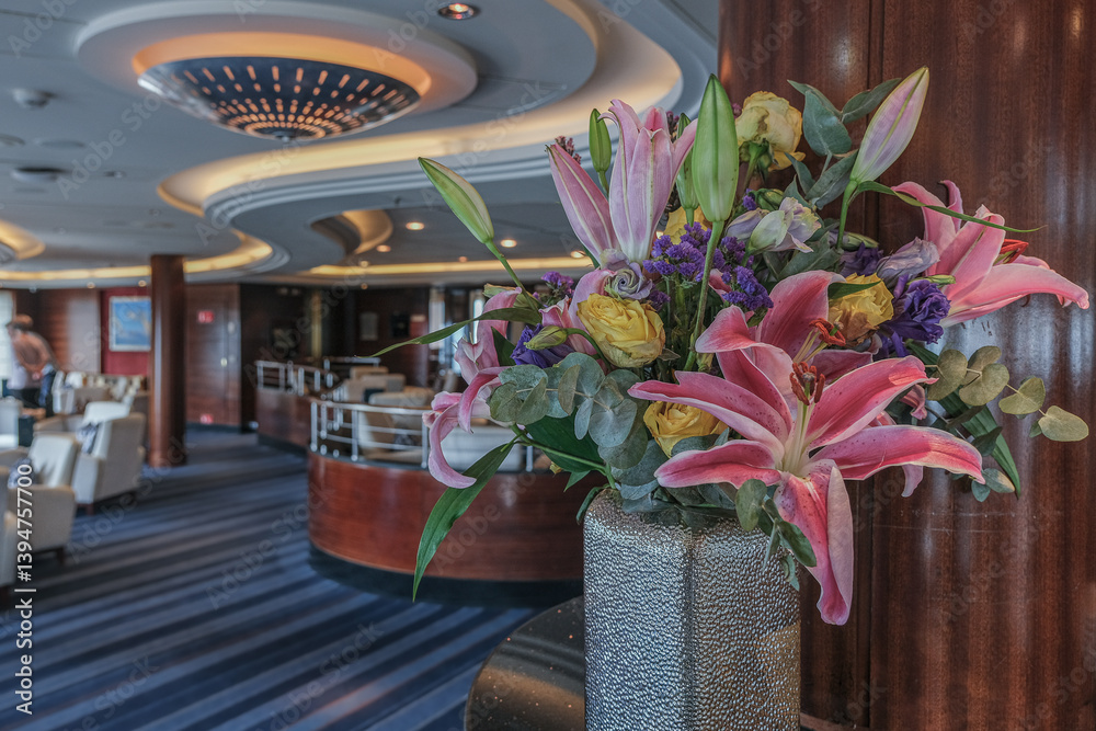 Cozy living room atmosphere inside cafe café coffee shop bar lounge bistro onboard luxury cruiseship cruise ship liner in contemporary Art Deco interior design
