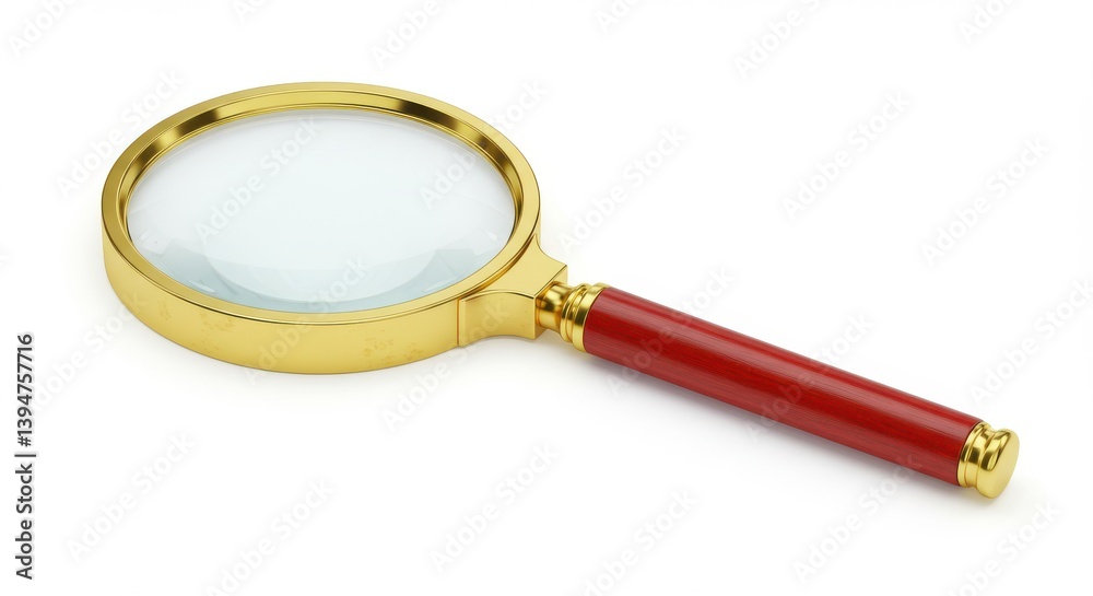 A magnifying glass with a gold frame and red handle on a white surface in a close up studio shot isolated on white background A magnifying glass with a gold frame and red handle on a white surface in a close up studio shot isolated on white background