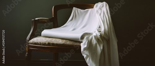 An elegant chair draped with luxurious white fabric, highlighted by soft lighting, embodying sophistication, calmness, and refined elegance.