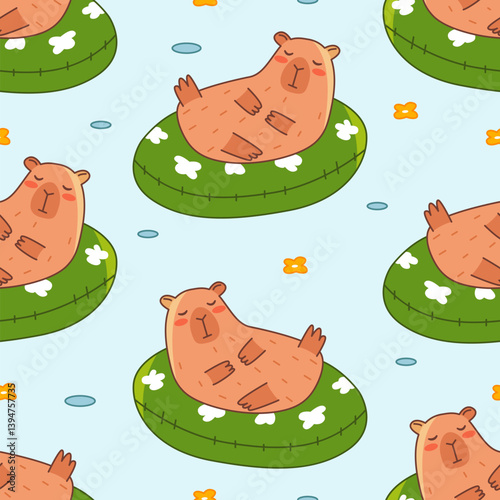 Capybara swim in water seamless pattern