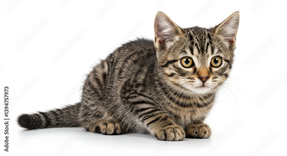 Fototapeta premium A small tabby kitten with yellow eyes sitting on a white background looking at the camera directly ahead isolated on white background