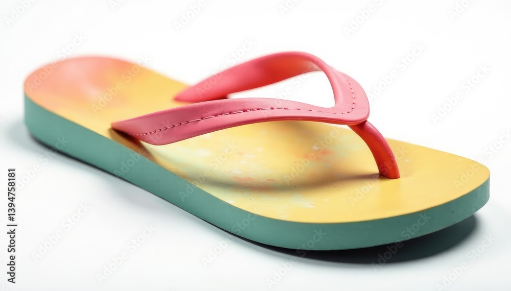 Close-up of a single flip-flop isolated on white background, sandal, beach, product Close-up of a single flip-flop isolated on white background, sandal, beach, product