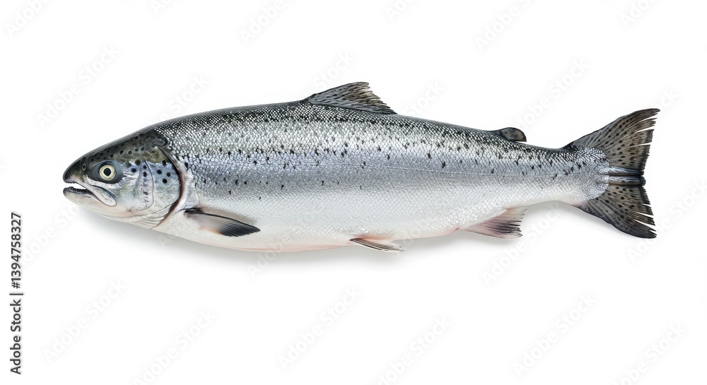 A single fresh salmon fish lying on a white surface with visible scales and fins in clear detail isolated on white background A single fresh salmon fish lying on a white surface with visible scales and fins in clear detail isolated on white background