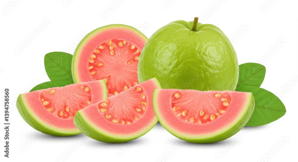 Naklejka premium A still life of whole and sliced guavas with green leaves on a plain white background surface view isolated on white background