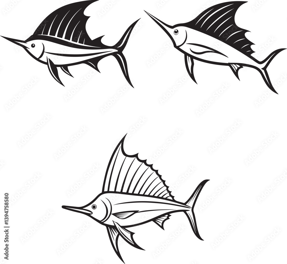 Fototapeta premium pomfret, sailfish, ray fish, salmon line art vector fish