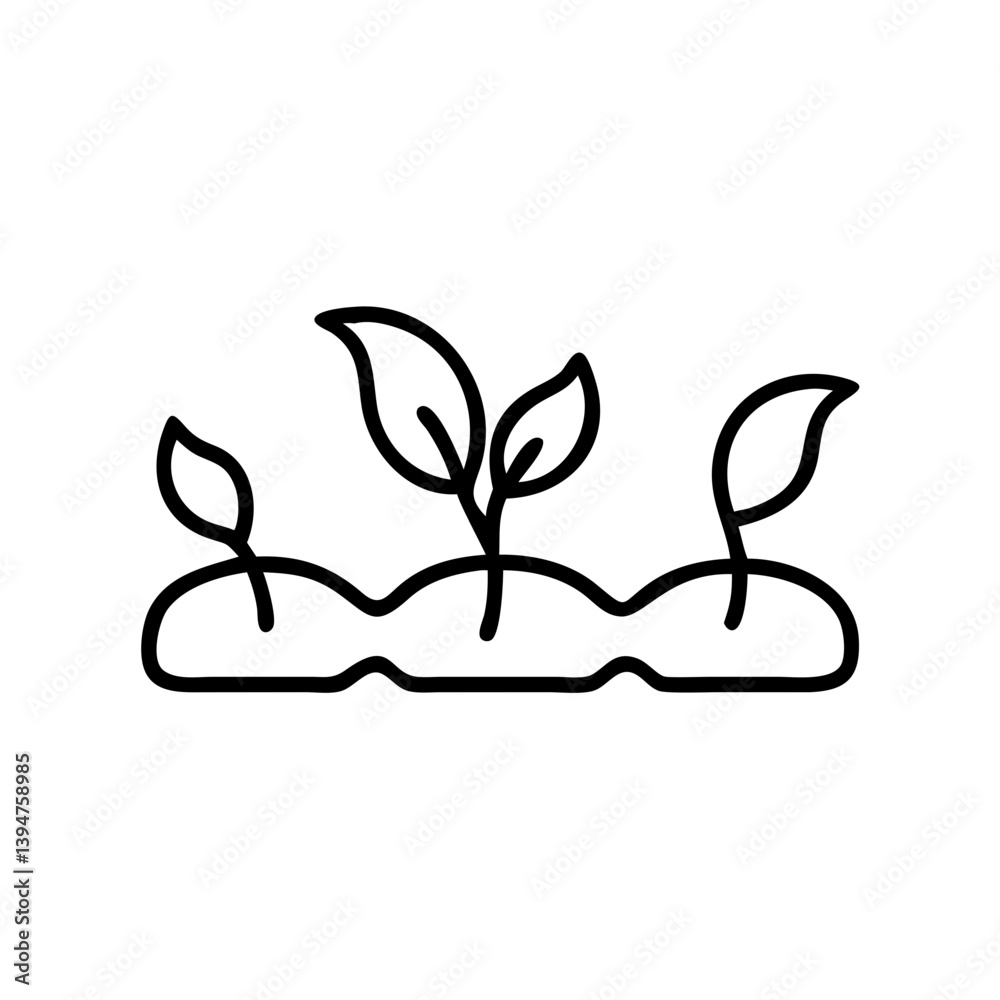 Seedlings growing in soil icon in black outline on white background Seedlings growing in soil icon in black outline on white background
