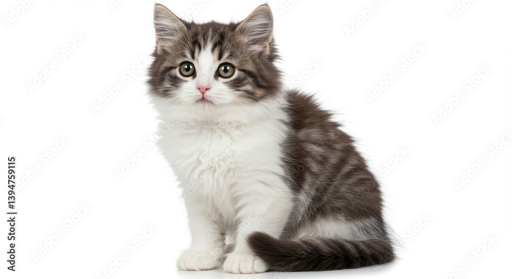 A fluffy kitten with gray and white fur sitting on a white background looking at the camera directly isolated on white background A fluffy kitten with gray and white fur sitting on a white background looking at the camera directly isolated on white background