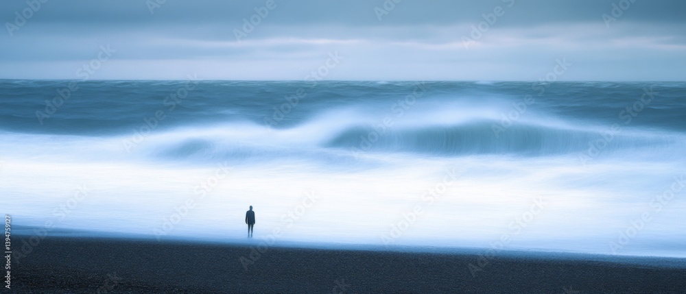 Fototapeta premium A lone figure stands by a vast, moody ocean as waves crash, capturing solitude and introspection in a serene seascape.