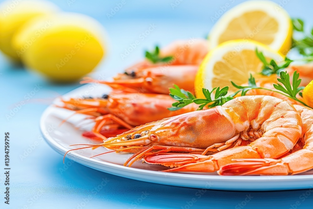 Delicious Cooked Shrimp Plate with Lemon Parsley Garnish A closeup view of succulent seafood Delicious Cooked Shrimp Plate with Lemon Parsley Garnish A closeup view of succulent seafood