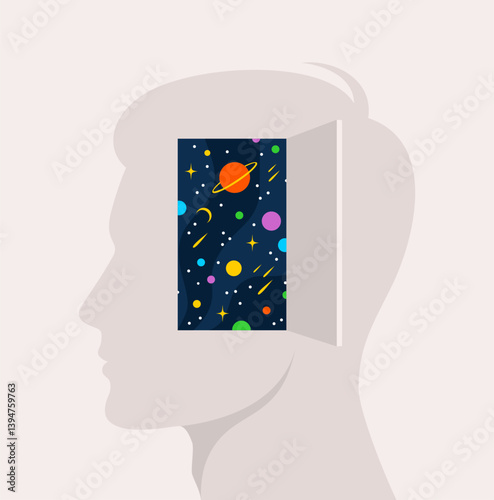 Universe with planets and stars behind open door in head of human silhouette. Vector illustration in flat style