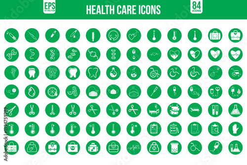 Print Health Checkup Line Icon Set – Comprehensive Medical Care and Patient Diagnosis Icon Collection - Editable Stroke Design Green color 84 icons.eps sick leave, sick icon, illness, wellness, hospit