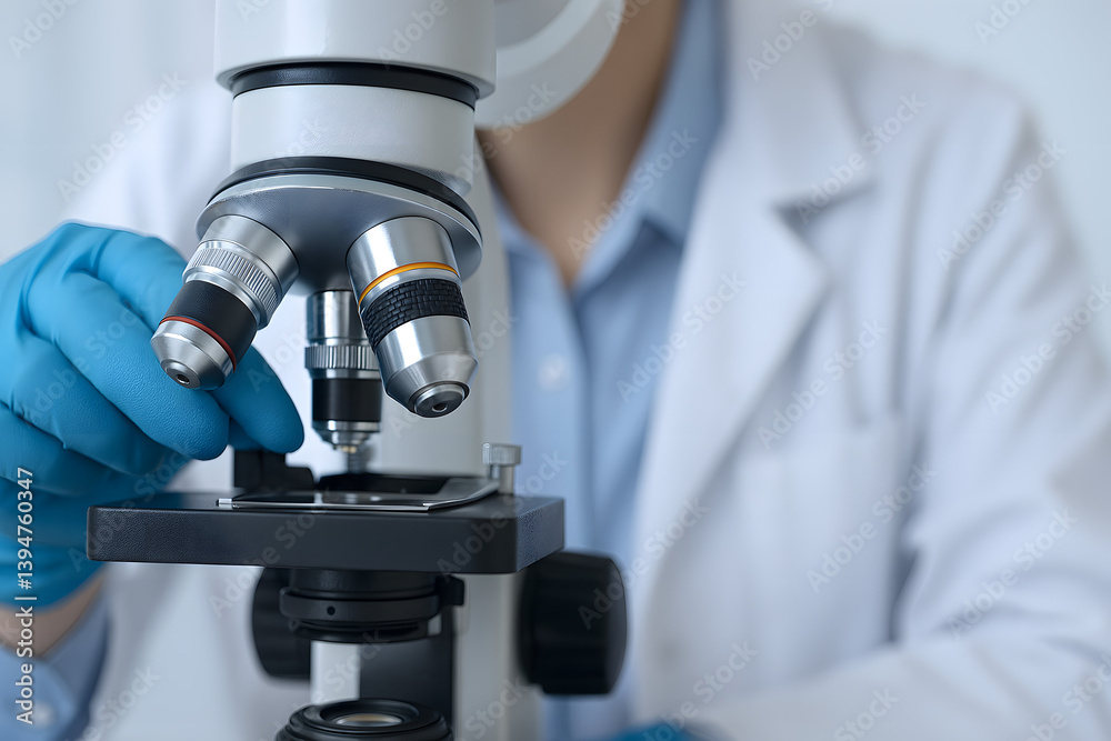 Close-up photo of a scientist or researcher using a microscope in a laboratory setting, wearing blue gloves and a white lab coat, representing science, research, and discovery Close-up photo of a scientist or researcher using a microscope in a laboratory setting, wearing blue gloves and a white lab coat, representing science, research, and discovery