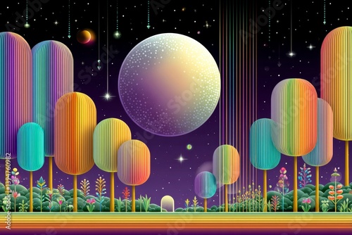 Pixel art dreamland with floating moon, upside-down trees, and glitchy rainbow clouds