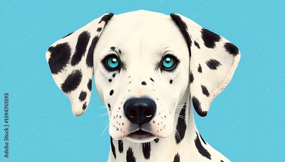 Vector illustration, Dalmatian dog face, emerald expressive light blue eyes, playful disposition, thick outline, rounded features and youthful look Vector illustration, Dalmatian dog face, emerald expressive light blue eyes, playful disposition, thick outline, rounded features and youthful look