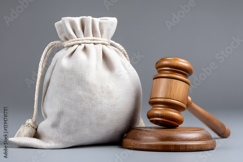 Money bag, judge's gavel. Penalties for crimes: financial punishments, traffic violations, fraud