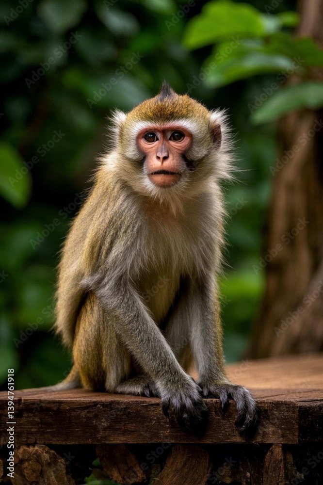 arafed monkey sitting on a wooden ledge with a green background arafed monkey sitting on a wooden ledge with a green background