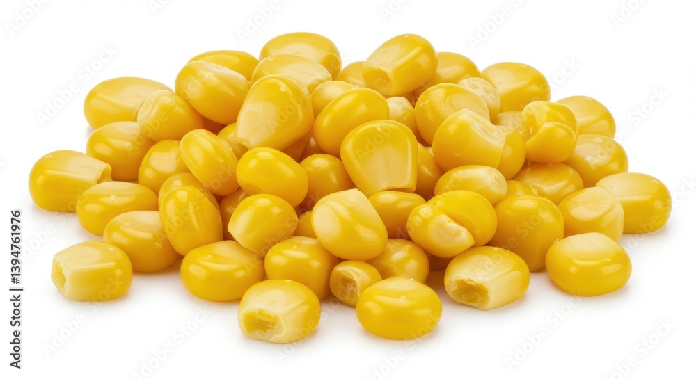 A close up shot showcasing a pile of bright yellow corn kernels on a plain white background surface isolated on white background A close up shot showcasing a pile of bright yellow corn kernels on a plain white background surface isolated on white background