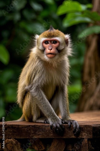 arafed monkey sitting on a wooden ledge with a green background