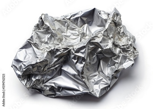 Crumpled aluminum foil, gleaming texture, isolated.
