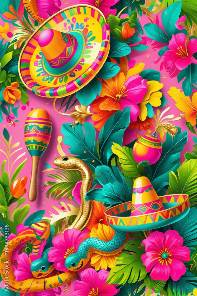 Obraz premium Vibrant pink and yellow mexico icons poster background