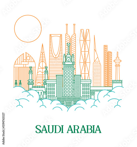 Illustration Vector of Saudi Arabia Landmark Buildings, Riyadh Tower Cityscape.
