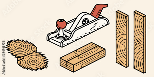 Isometric Cartoon Woodworking Tools and Lumber: Plane, Saw, Wood Pieces Illustration for DIY Crafts