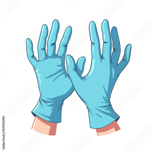 Blue medical gloves worn by hands in a vibrant illustration  