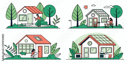 Eco-Friendly Houses Vector Illustration Set Cartoon Sustainable Homes with Solar Panels Gardens Green Living and Modern Lifestyle