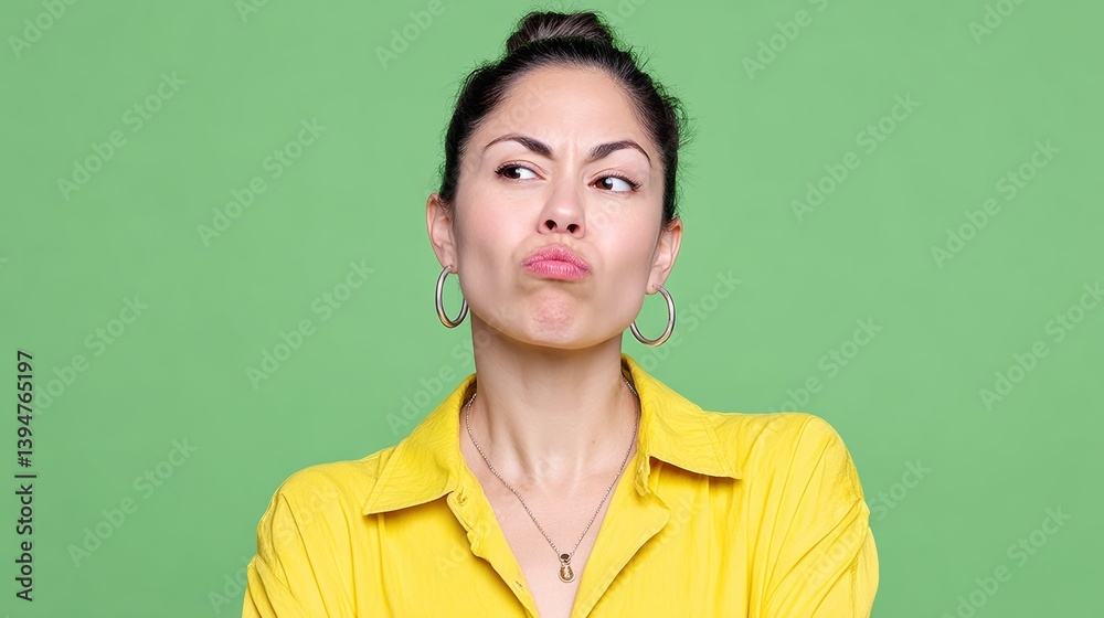 Obraz premium Woman in a yellow shirt is looking at the camera with a frown on her face. She has a necklace around her neck and earrings in her ears