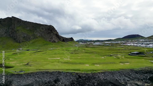 Areal view of Heimaey town in the Westman islands in Iceland.