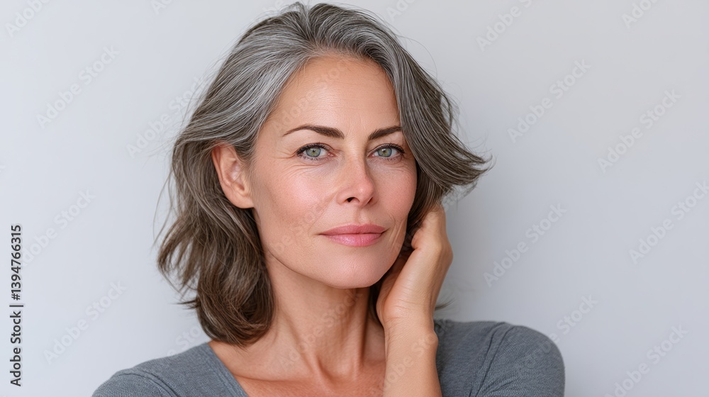 Woman with gray hair is smiling and looking at the camera. She has a pink lip and her hair is styled in a way that it is pulled back