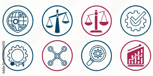Vector Icons Set: Business Concepts, Global, Justice, Quality, Growth, Analysis, Engineering