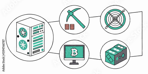 Cryptocurrency Mining Farm Cartoon: Bitcoin Server, Pickaxe, Fan, Monitor, ASIC Miner Illustration