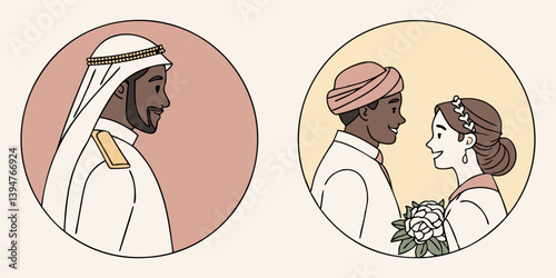Emirati and South Asian Couples Wedding Flat Vector Illustration